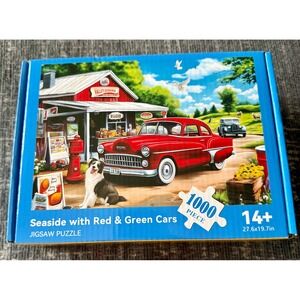 Jigsaw Puzzle 1000 Piece Seaside Red Green Cars Vintage 14+